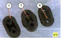 Элементы системы подвешены к кузову на шести резиновых подушках 3 (см. рис. 5.18) и 5 (см. рис. 5.19) или 6 (см. рис. 5.20). Причем две подушки а задней подвески основного глушителя, две подушки