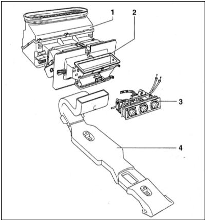 Сборочная схема отопителя салона 1 — Кожух вентилятора отопителя 2 — Кожух