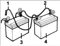 Последовательность подсоединения кабелей при пуске двигателя от аккумуляторной