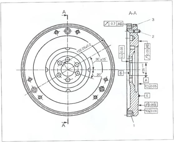 Рис. 2.30.1. Маховик: 1 - обод маховика; 2 - штифты установки кожуха сцепления;