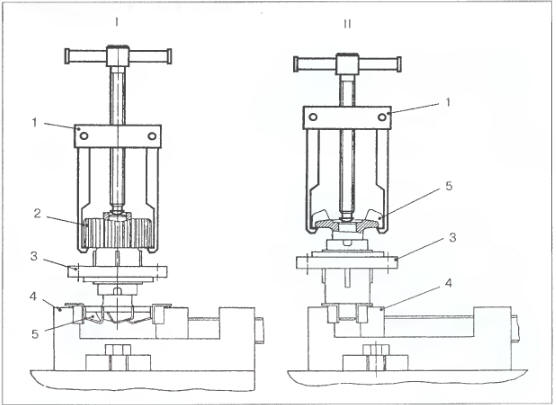 Рис. 2.37.5. Разборка водяного насоса, снятие съемником: I — шкива водяного
