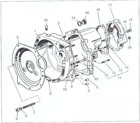 Рис. 4.1.4. Картер сцепления и коробки передач: 1 - картер сцеплении; 2 -