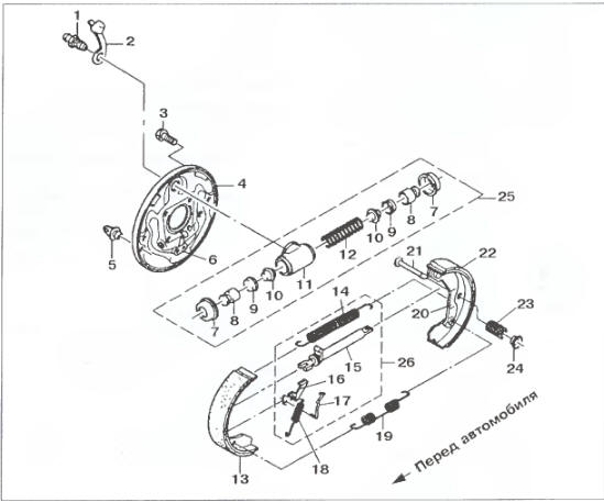 Рис. 7.41. Тормозной механизм заднего колеса: 1 - перепускной клапан; 2 —