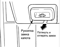 1. Находясь в автомобиле, потяните за рукоятку замка капота, расположенную в