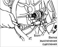 2. Выверните болт крепления вилки выключения сцепления.