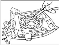 9. Щупом измерьте зазор между шестерней масляного насоса и гнездом в крышке.