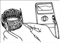 2. Омметром проверьте проводимость между катушками статора. При наличии проводимости,